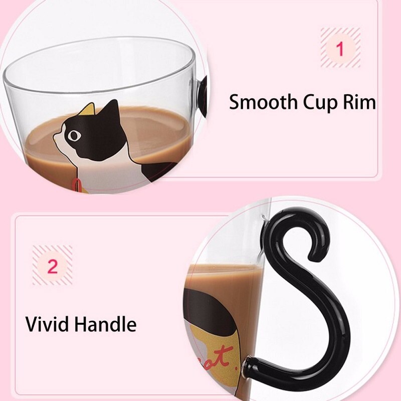 Katze Glas Tasse Mit Löffel transparent Wärme Beständig Kaffee Becher Saft Tee Frühstück Milch Tasse Karikatur Katze Schwanz Griff Getränk