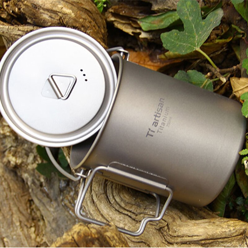 Tiartisan 750ml titanium hängande kastrull med lock hopfällbart handtag utomhus camping drickskopp för picknick bestick köksredskap  ta8315- bh