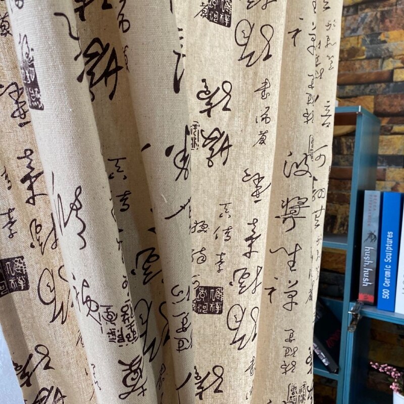 Rustic Cotton Linen Living Room Curtain Cursive Chinese Characters Beige Color Finished Curtain