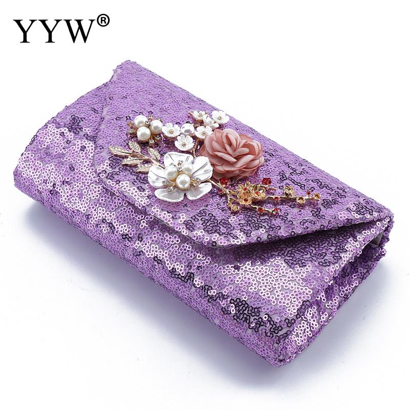 Purple Clutches Bag Bead Flower Bolsa Feminina Women Evening Prom Night Party Purse Female Crossbody Bag Lady Purse