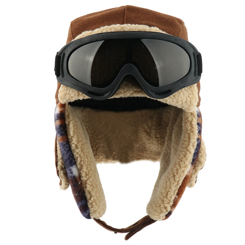 Camoland plaid bomber hat til mænd kvinder øreklap russisk ushanka kasket med beskyttelsesbriller termisk imiteret berber fleece trapper pilot hat