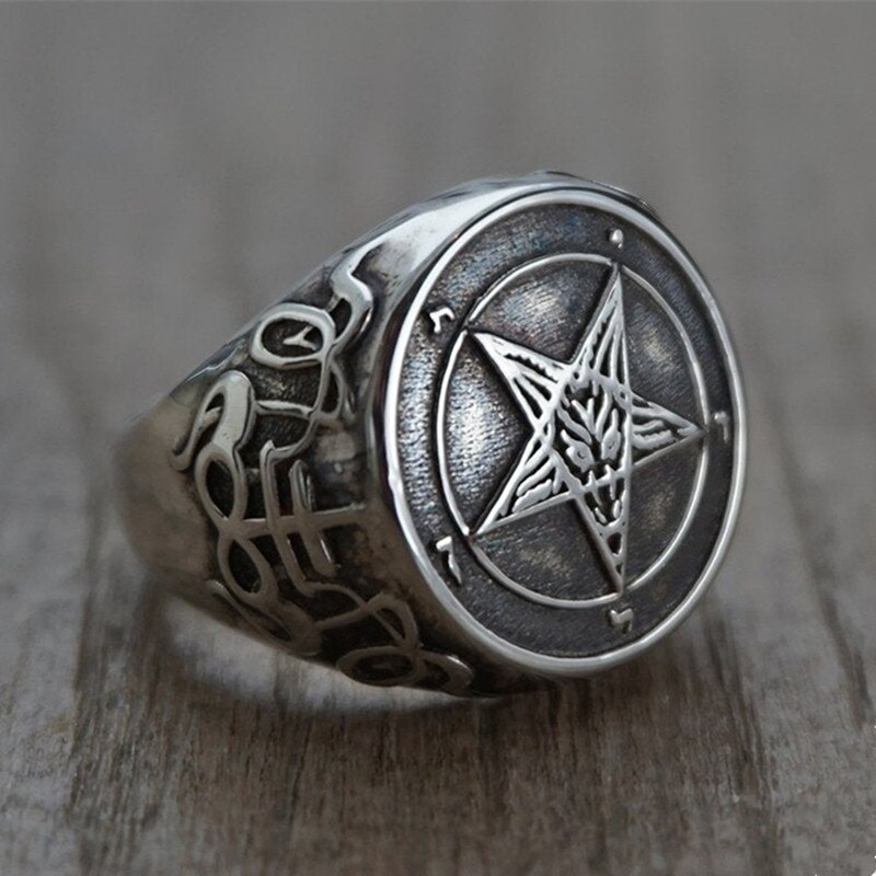 Vintage Personality Pentagram Satanism Five-Pointed Star Rings Stainless Steel Gothic Punk Minimalist Signet Ring Men Jewelry: 9