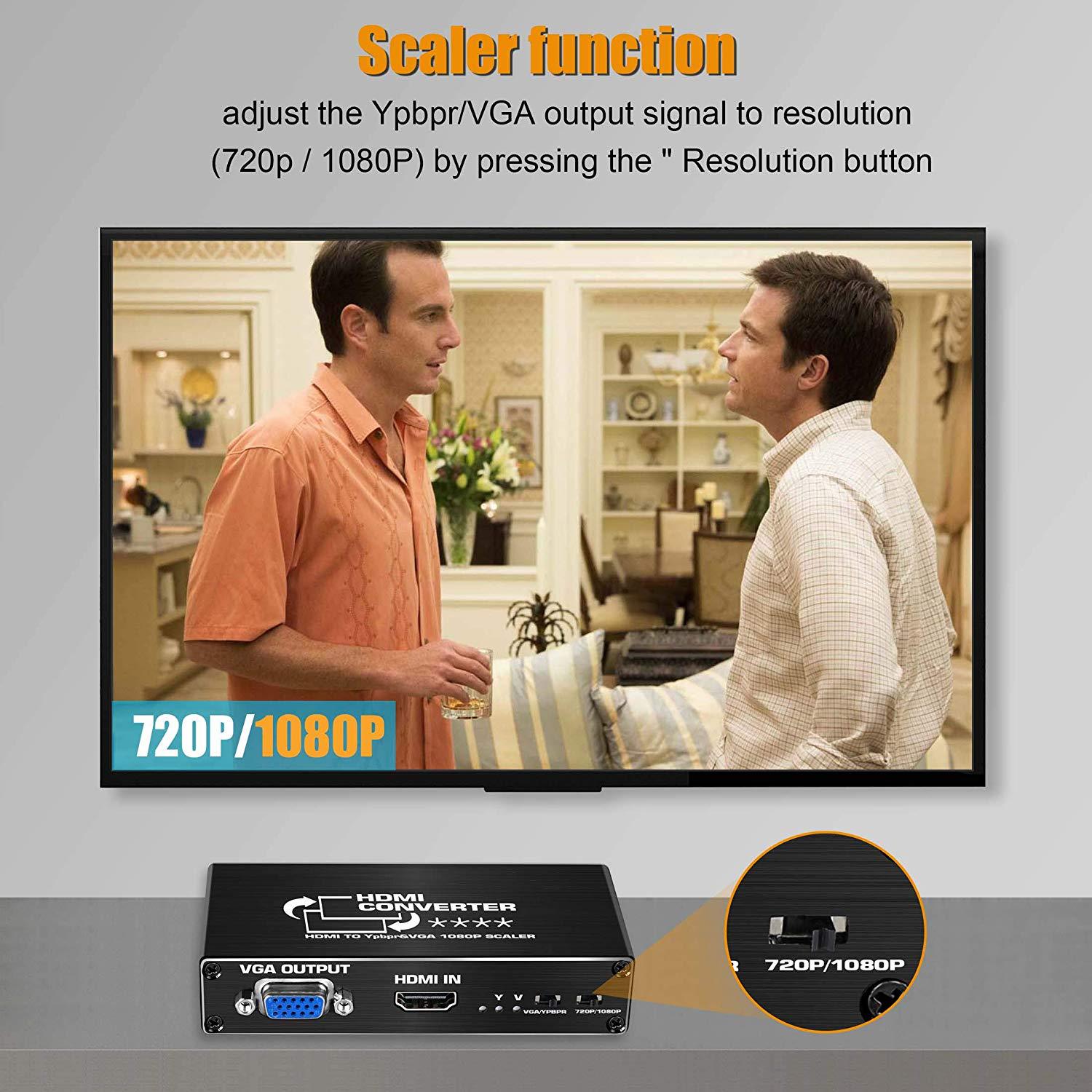 HDMI to YPbPr Scaler 1080P HDMI to Component RGB 5RCA or Video VGA Scaler Converter with Toslink SPDIF Audio Output for PS4 HDTV