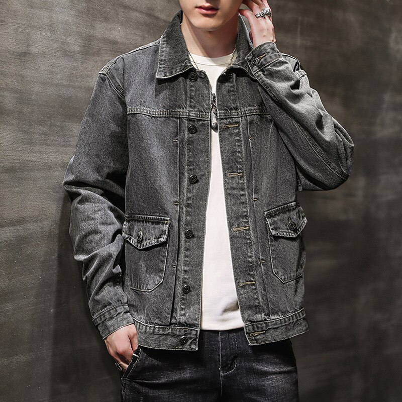 Spring autumn gray denim jacket men\'s trendy brand street jacket handsome Korean style teenagers denim jacket