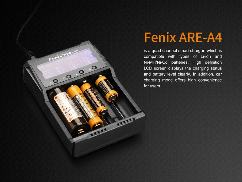 Fenix ARE-A4 Li-Ion NiMH Intelligente Acculader met Auto Adapter voor RCR123 18650 16340 14500 26650 AA AAA