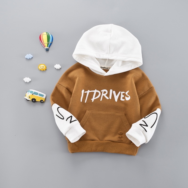 Ropa de bebé de primavera y otoño, sudaderas con capucha de algodón para niños y niñas, blusas con letras para bebés, sudaderas con capucha para niños, tops: Xyf weiyi marrón / 4t