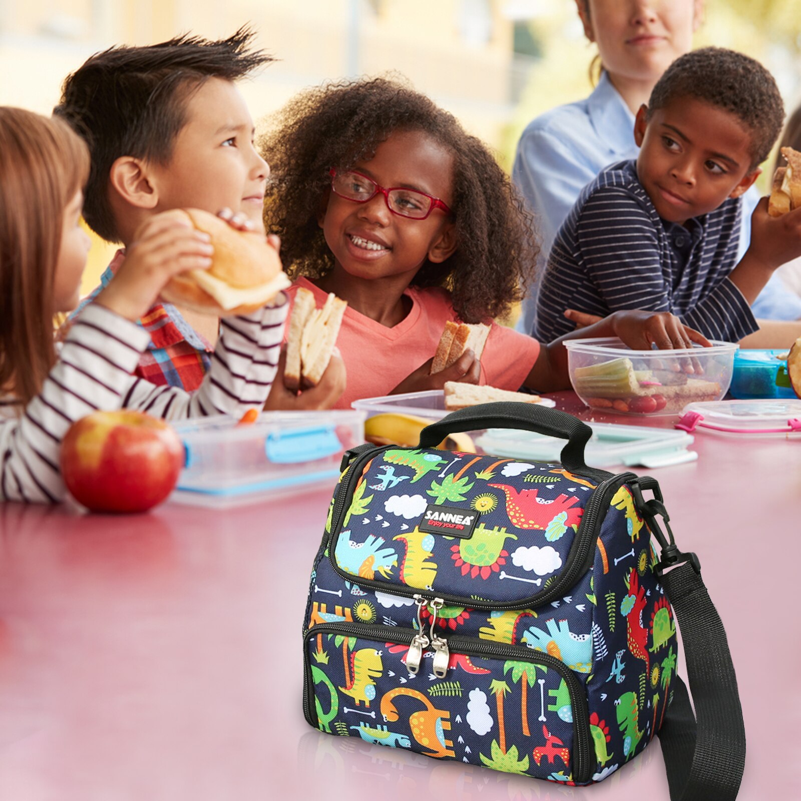 Outdoor Picnic Lunch Bag Lunch Bag for Kids Insulated Lunch Box Snack Box with Strap and Side Mesh Pocket for Boys Girls