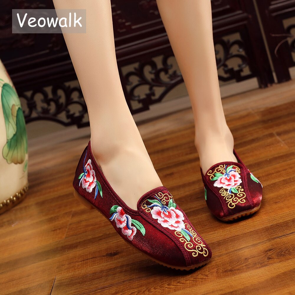 Veotalk-mocassins brodés en tissu coton pour femmes, chaussures plates, haut de gamme, Style chinois vieux pékin, collection sans lacet, collection décontracté