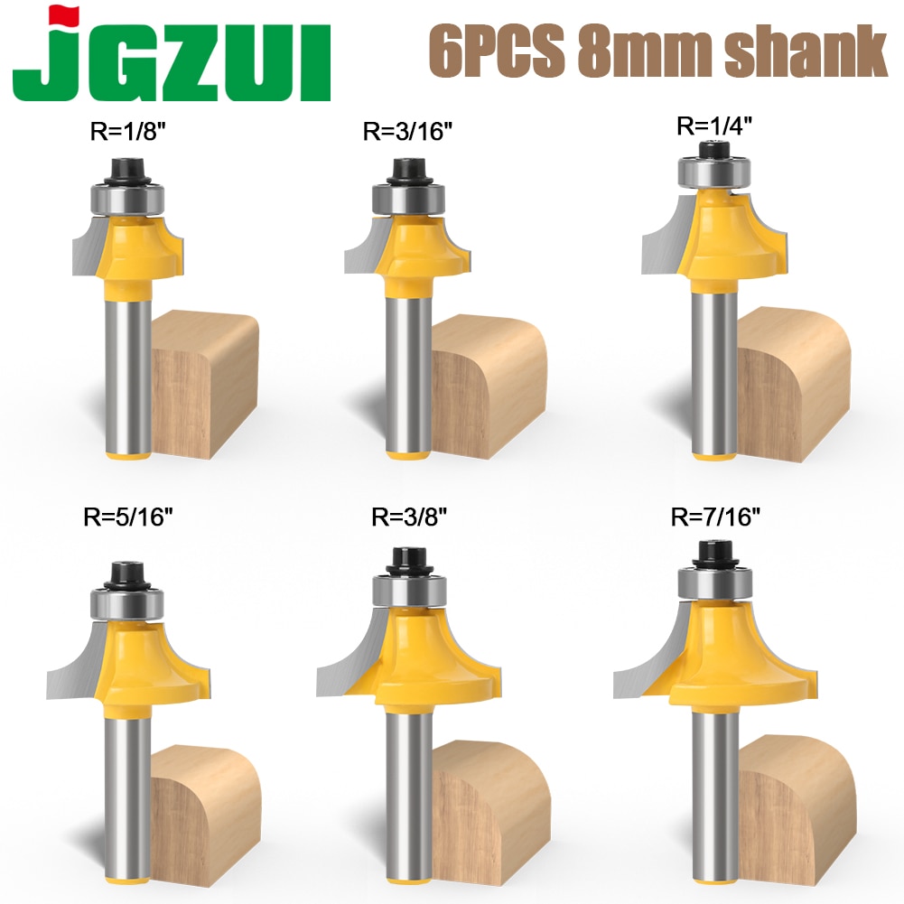 6pc 8mm Corner Round Over Router Bit with Bearing for Wood Woodworking Tool Tungsten Carbide Milling Cutter