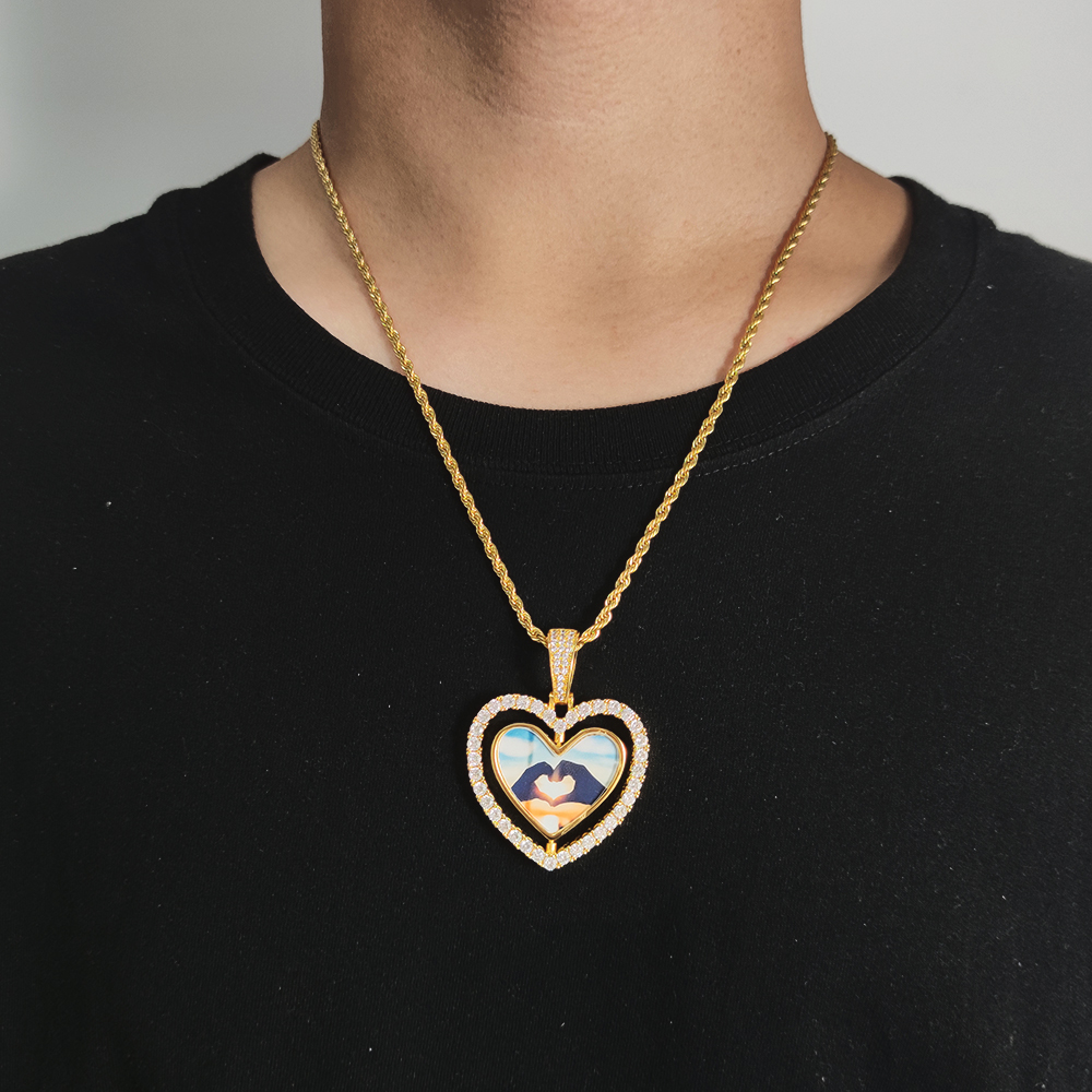 Collar con colgante de imagen de corazón de dos caras, joyería para hombres, Hip Hop, foto helada personalizada, colgante giratorio para mujeres,