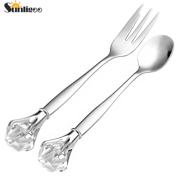 Sunligoo 2 stk klassisk krystal diamant rustfrit stål kort ske + gaffel bordsæt muddler mærke: 2 stk hvid