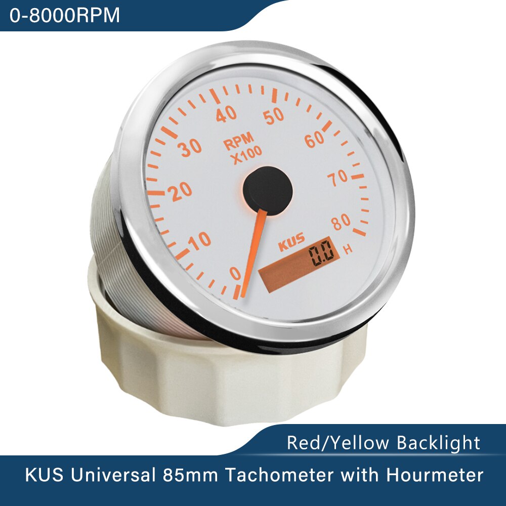 KUS 85mm Tachometer RPM Gauge with Hour Meter 0-3000/4000/6000/8000 RPM 12V/24V Tachometer Sensor with Backlight for Car Boat