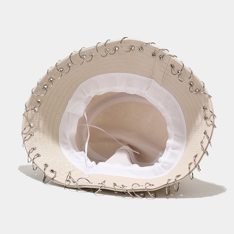 Harajuku Hip Hop Solid Color Bucket Hat Spiked Rivets Metal Rings Outdoor Wide Brim Sunscreen Fisherman Cap Women Man Panama