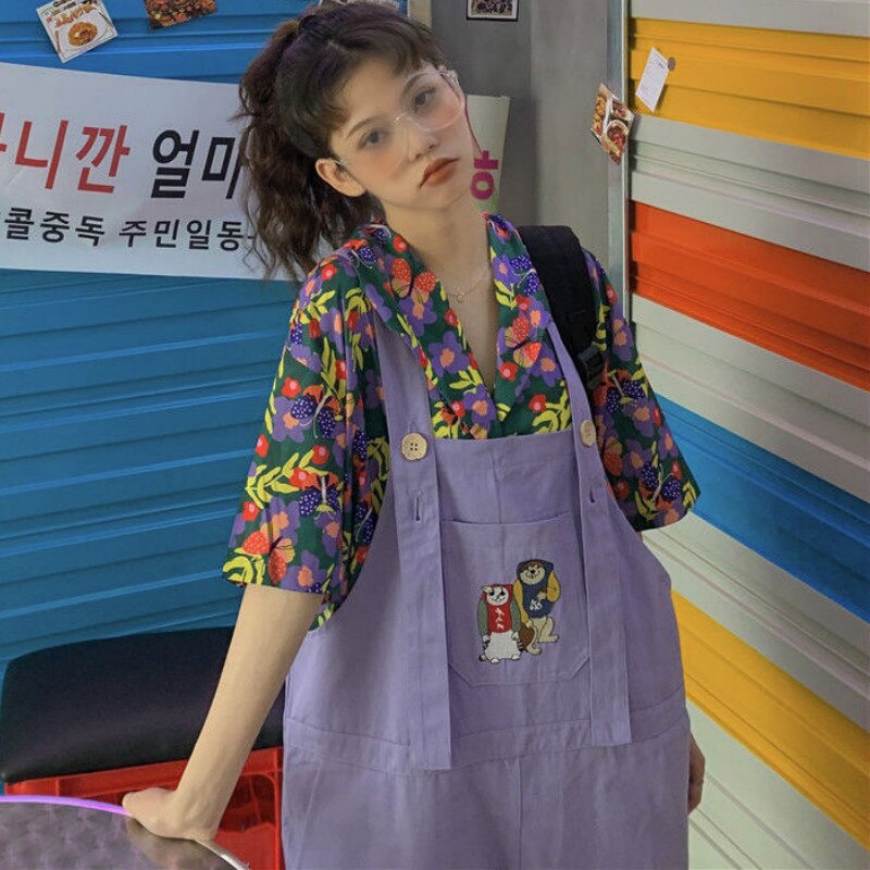 Monos Harajuku morados Ulzzang para mujer, Pelele de dibujos animados de gran tamaño, estilo universitario, trajes para mujer