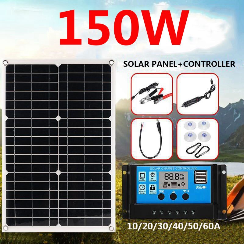 150W Solar Panel Kit Complete 18V RV Camping Car Boat Battery Phone 5V USB Solar Power Bank Charger with 10A-60A Controller