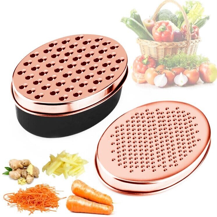 Rallador de queso de oro rosa, rebanador multifuncional, contenedor ovalado de verduras, herramientas de frutas rápidas de fácil limpieza con 2 cuchillas ralladoras: BLACK ROSEGOLD