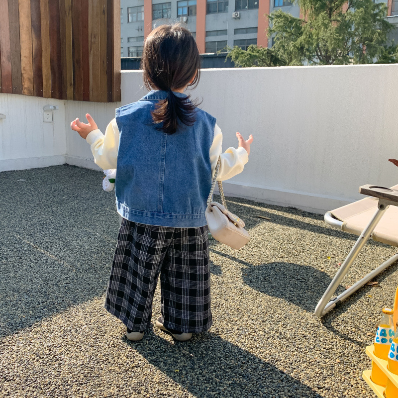 Pantalones de pierna ancha holgados a cuadros para niña, informal Pantalón recto de algodón, a la , de 1 a 7 años, novedad de primavera