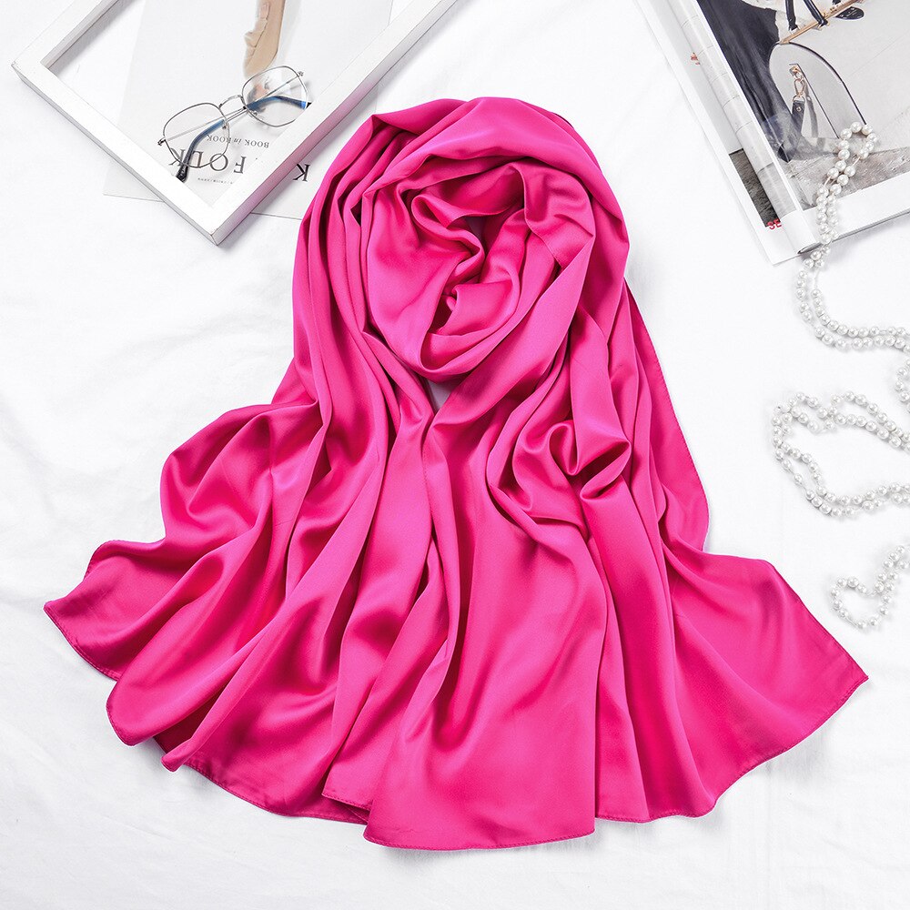 Lange tørklæder sjaler ensfarvet silke satin hijab tørklæde til kvinder halstørklæde kvindelige 70*190cm store poncho tørklæder til damer: Rose