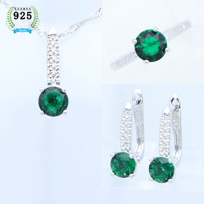 925 Sterling Zilveren Bruids Sieraden Set Sapphire Oorbellen Hanger Ketting Open Ring Voor Vrouwen Gratis Box: green