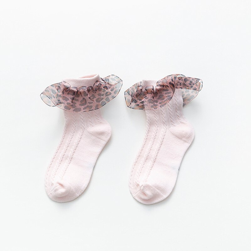 1-12y babybomullsstrumpor vita dansande volang tonåringar för barn tjej vår sommar ankel korta strumpor enfärgad: Rosa leopard / 5 to 8y
