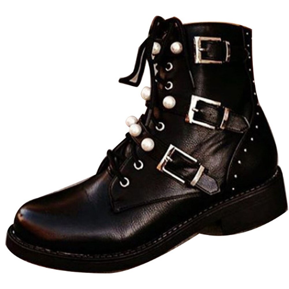 RIBETRINI, punta redonda, plataforma para mujer, zapatos gruesos, hebilla de negra, botines de perlas para mujer, botas de invierno de