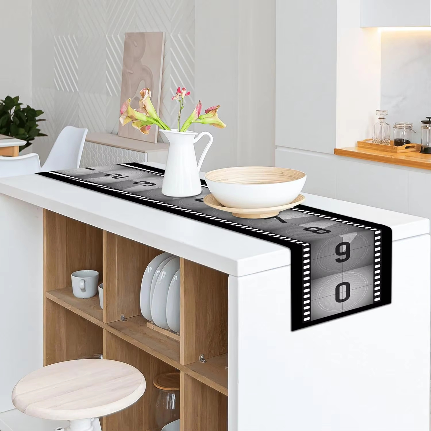 Filmthema tafelloper countdown, zwart wit linnen voor keukenfestival en feestsetting