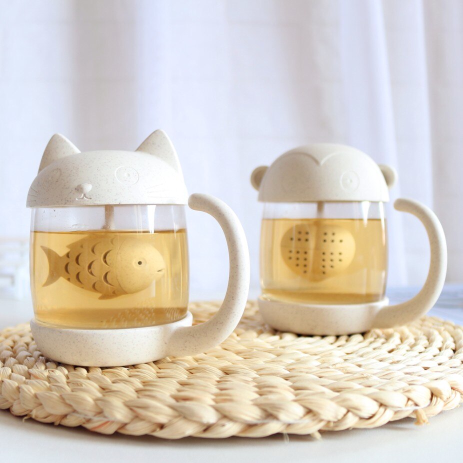 Cat/Monkey Glass Tea Mug Cup with Fish Tea Infuser Strainer Filter 250ML (White)
