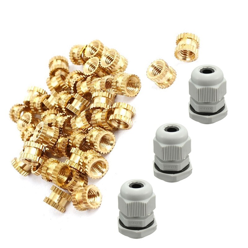 40 Pcs M3 x 4mm x 5mm Bushing Threaded Brass Fluted Insert Bound Nuts & 5x 16mm Cable Compression Glands M16 IP68 White