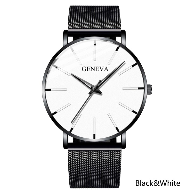 Heren ultradunne horloges minimalistische eenvoudige heren zakelijke roestvrijstalen mesh band quartz horloge relogio masculino: Zwart wit