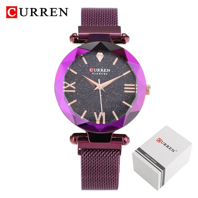 CURREN Luxe Vrouwen Horloges Mesh Dames Klok Magneet Gesp Starry Diamond Geometrische Oppervlak Casual Quartz Horloge: Purple