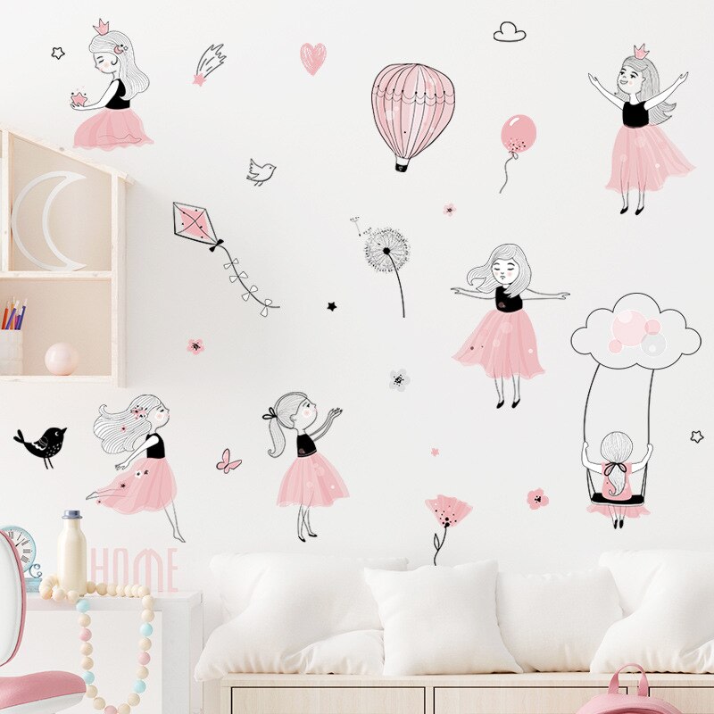 Pink Princess Playing Wall Stickers Cartoon Girl Vinyl Wall Decals for Children Baby Room Bedroom Decoration Girl Stickers Mural