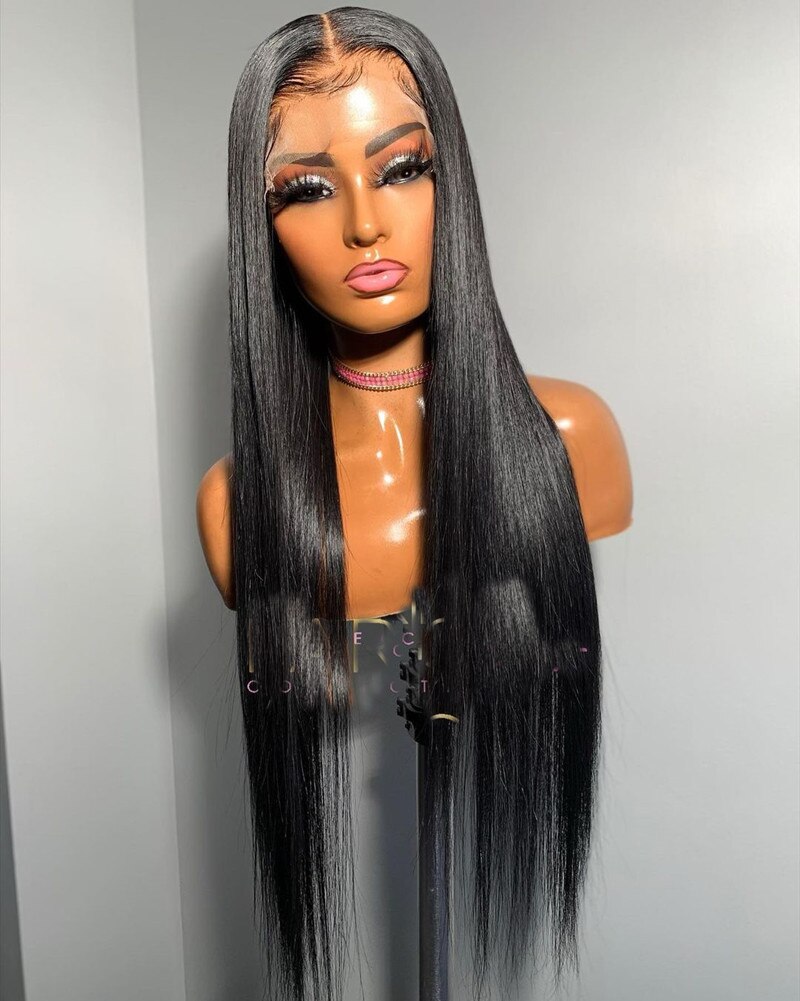 Perruque Lace Front Wig lisse sans colle noire naturelle, 22 pouces, avec Baby Hair, naissance des cheveux naturelle, 180% de densité, , pour femmes