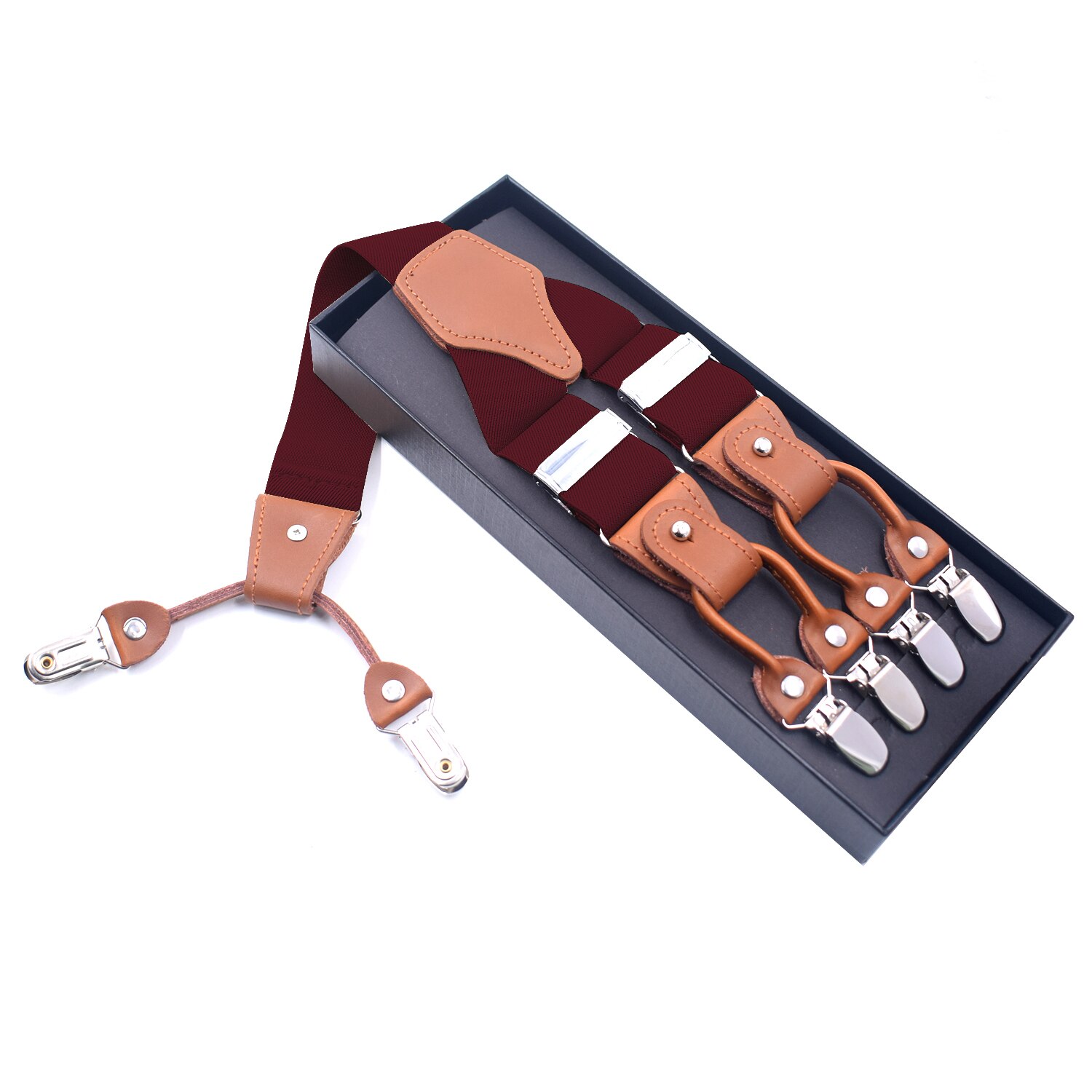 Bretelles en cuir Vintage Bretelles avec Clips en métal Pour hommes réglable chemise élastique sangle ceinture Bretelles Pour Homme Tirantes: Burgundy