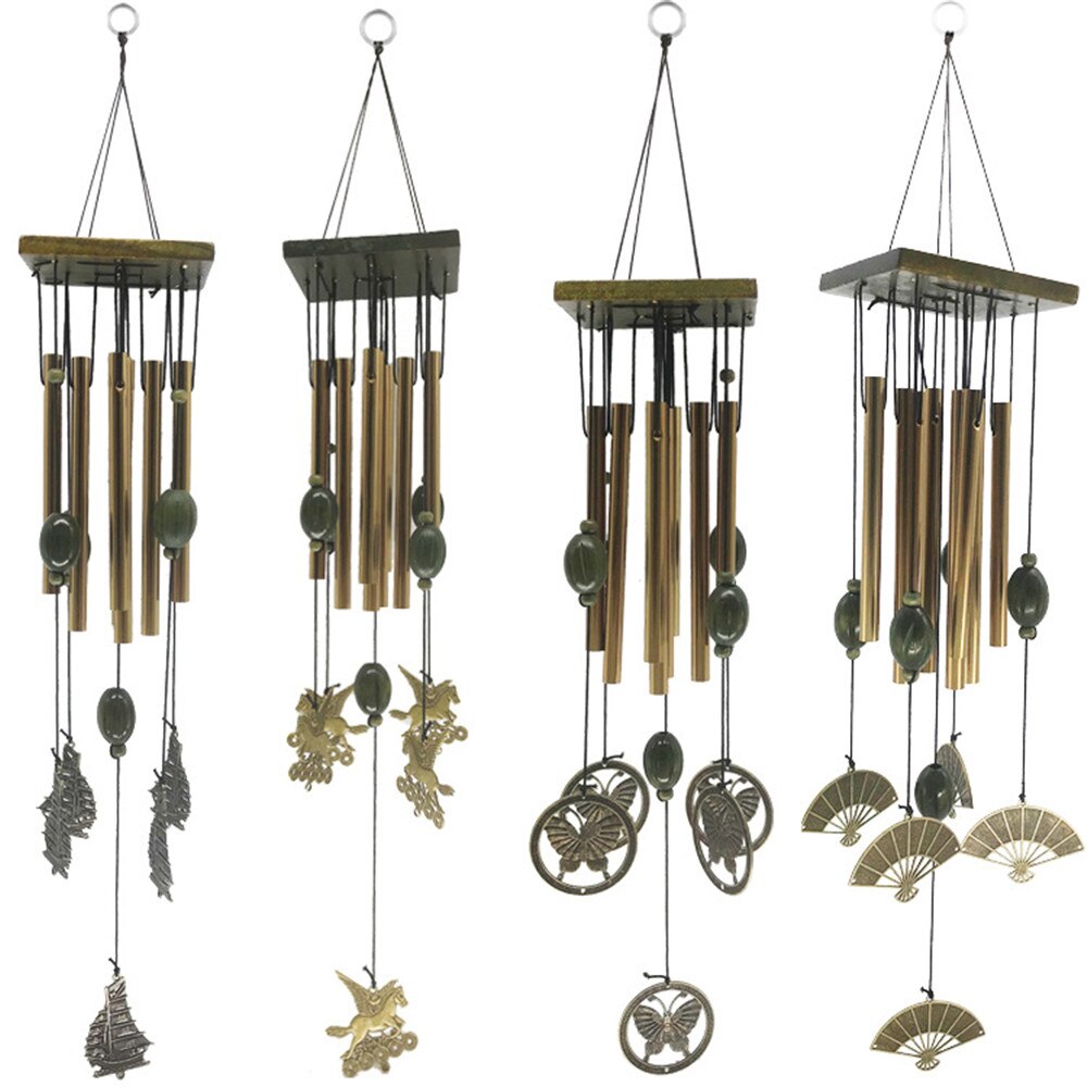 Bois massif plaque carrée carillon de vent rétro 8 tube métal anti-rouille alliage ornements en bois Pegasus voilier papillon artisanat