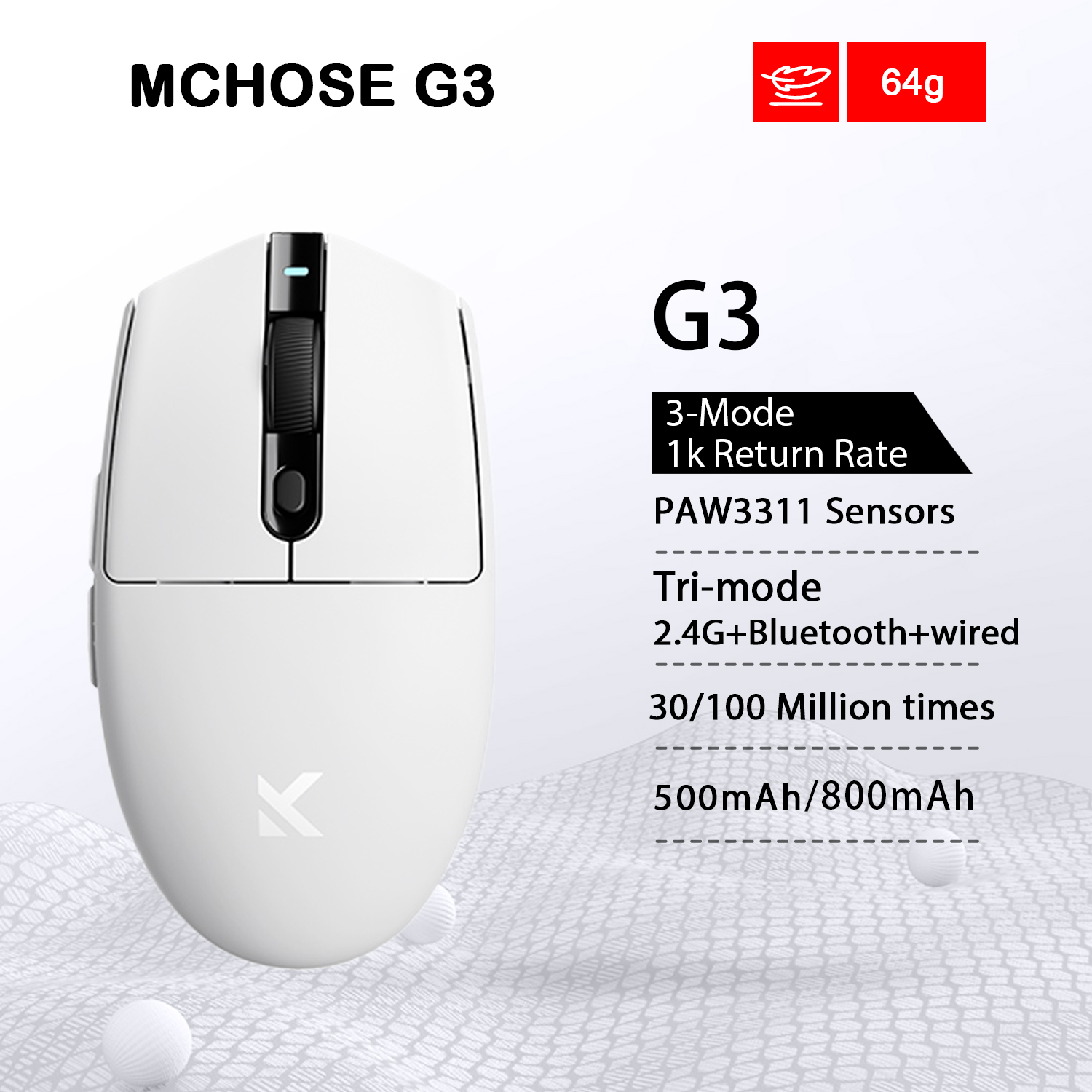 Mchose G3 Wireless Gaming Mouse, 12000 DPI PAW3311 Tri-mode 2.4GHz/Bluetooth/Wired Large Battery Lightweight Ergonomic Laptop PC