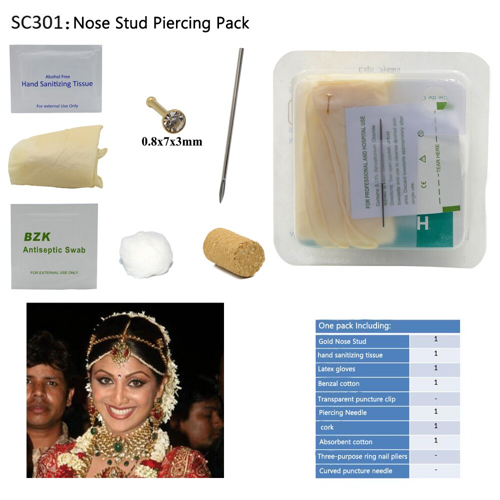 Kit de perçage de corps jetable Kit de perçage stérile médical pour oreille nez mamelon ventre nombril Septum Piercing outil Machine Kit: SC301 Nose Stud