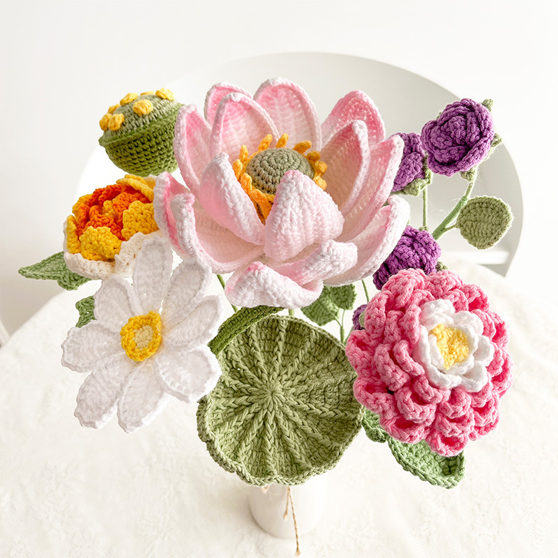 Fleur de lotus tournesol au Crochet faite à la main, 1 pièce, pour la décoration de la maison, fleurs tricotées, ornement de cérémonie de remise de diplôme, fleurs artificielles