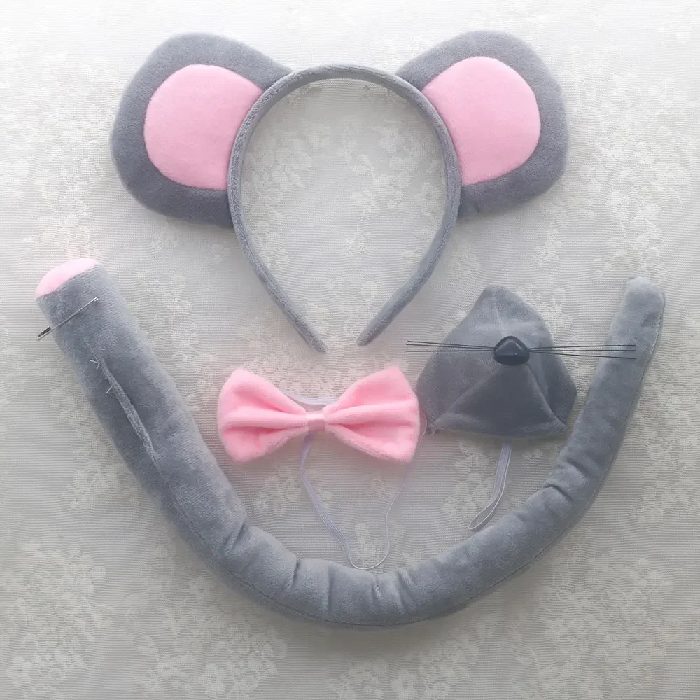Conjunto de accesorios para ratón, diadema con orejas de animales, cola, nariz y pajarita, conjunto de accesorios para rata, disfraz de cumpleaños y Halloween, Cosplay: Rojo