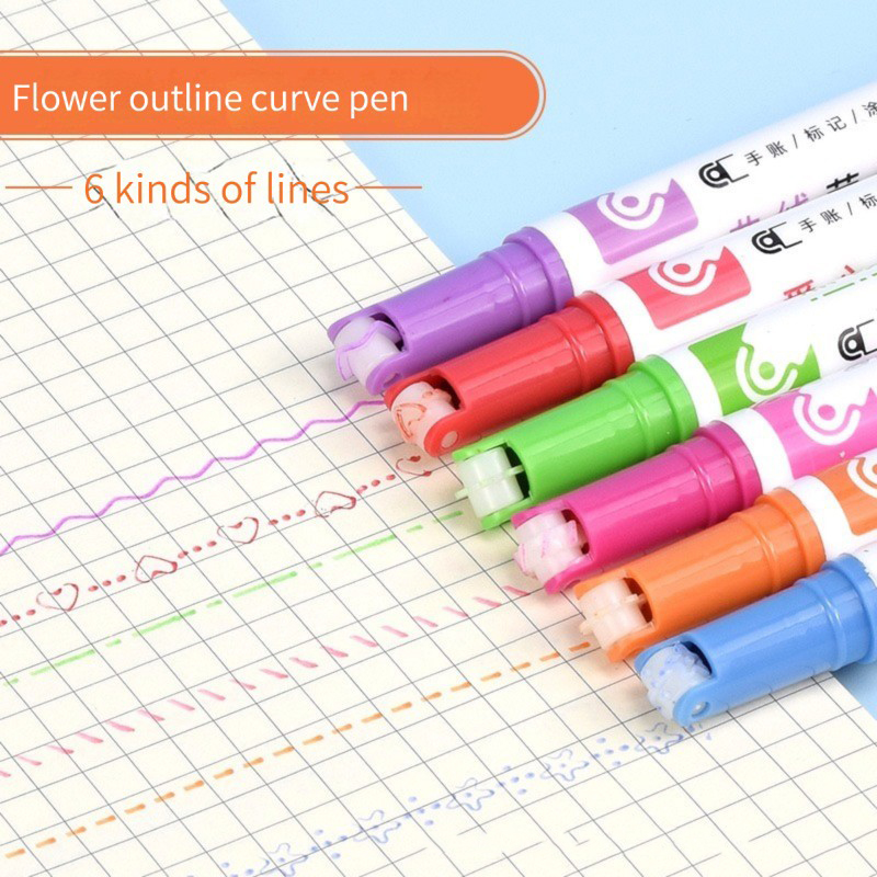 1/6Pcs/set Kawaii Flowers Line Shaped Highlighter Pens Roller Tip Curve Liner Marker for Writing Journaling Drawing Stationery: WHITE