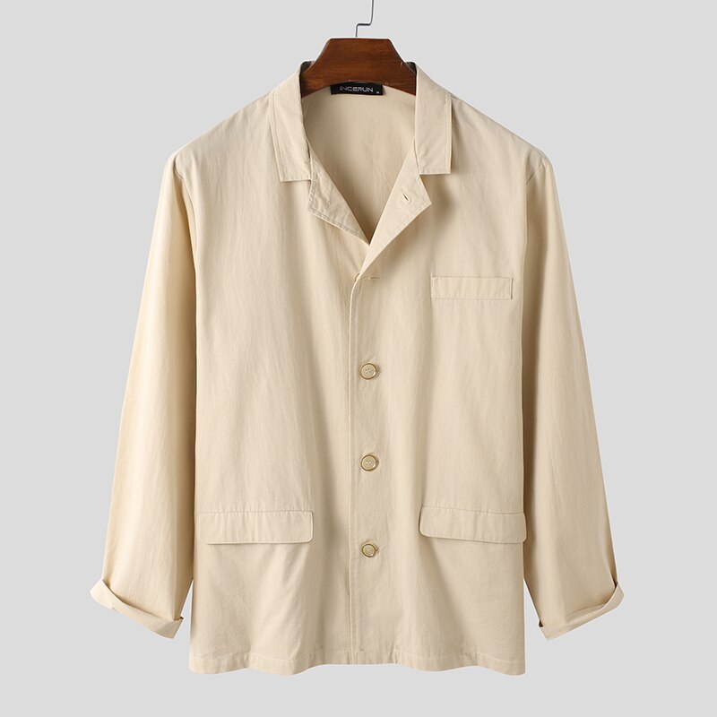 Incerun Mannen Casual Blazers Katoen Vlakte Streetwear Revers Bovenkleding Enkele Breasted Lange Mouwen Chic Mannen Leisure Suits 5XL: Beige / S
