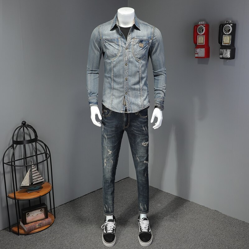 Denim Shirt Long Sleeve Men Casual Cotton Jeans Shirts Slim Fit Mens Solid Pocket Tops