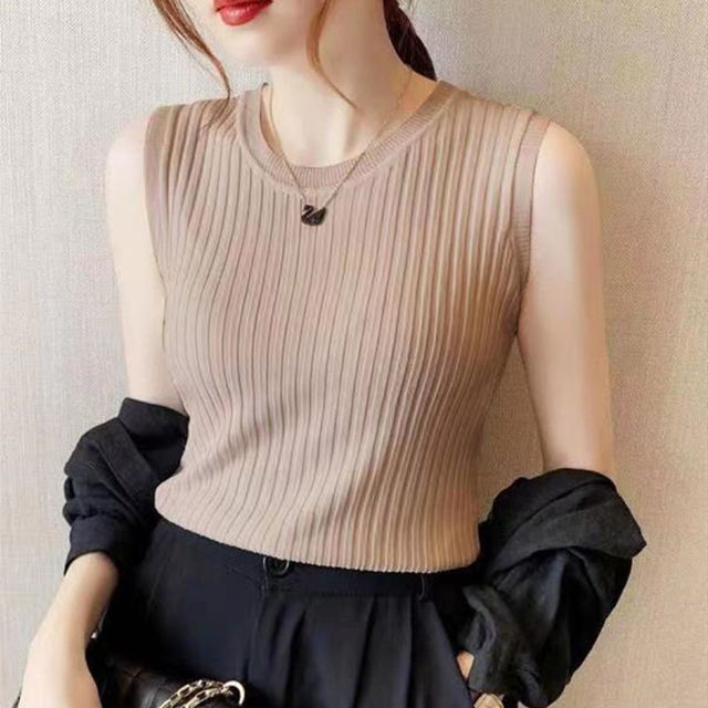 Haut en tricot sans manches à col rond pour femme, décontracté et fin, couleur unie, à la , printemps été: Brun clair