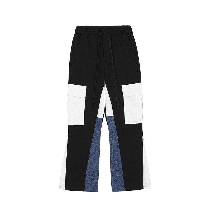 UNCLEDONJM Colour block streetwear sweatpant men multi-pocket Flare Pants men clothing hip hop pants U20122: M / Black