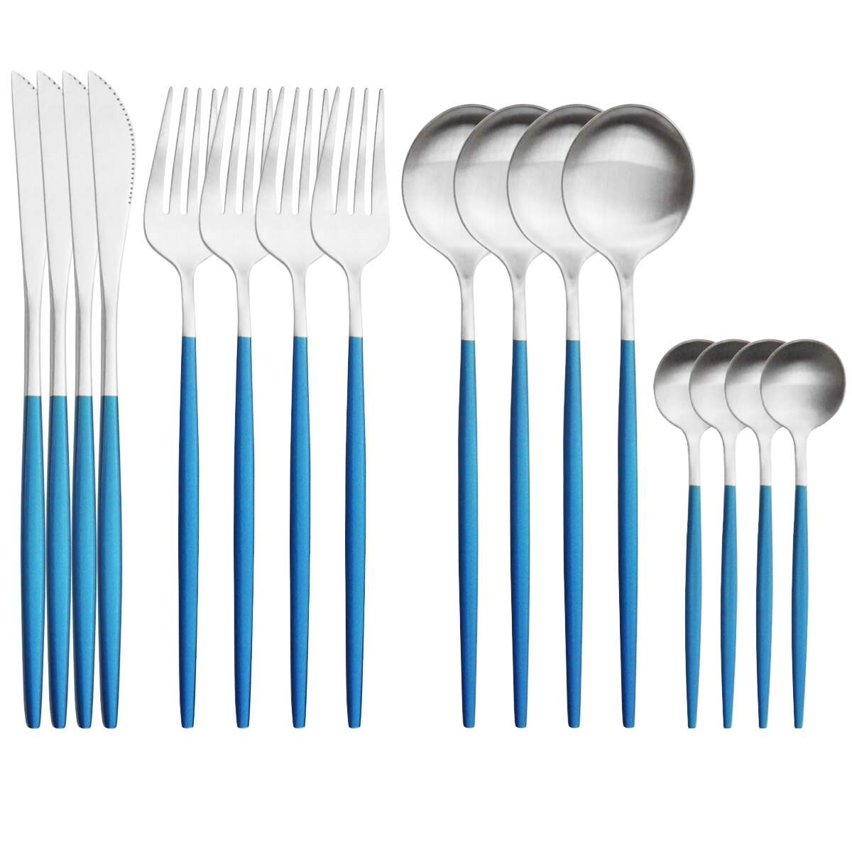 4Set/16Pcs Red Gold Dinnerware Cutlery Set Western Knives Fork Tea Spoon Dinner Tableware Stainless Steel Kitchen Silverware Set: Blue Silver