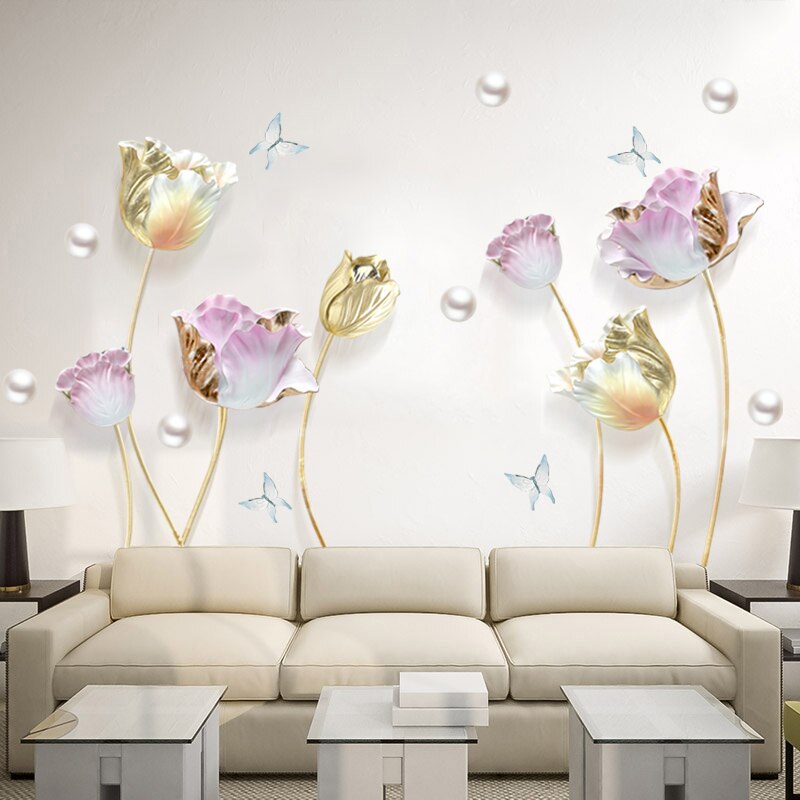 150*110 centimetri di Grandi Dimensioni 3D Tulipani Carta Da Parati Autoadesivi di Arte Della Parete Soggiorno telecamera Da Letto di auto Adesivo in Vinile manifesto Farfalla Complementi Arredo Casa murale
