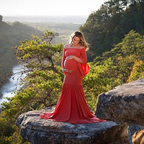 Maternity Dress For Photo Boat Neck red Dress Maternty Photography Props long Sleeve Stretch Cotton Pregnant Dress