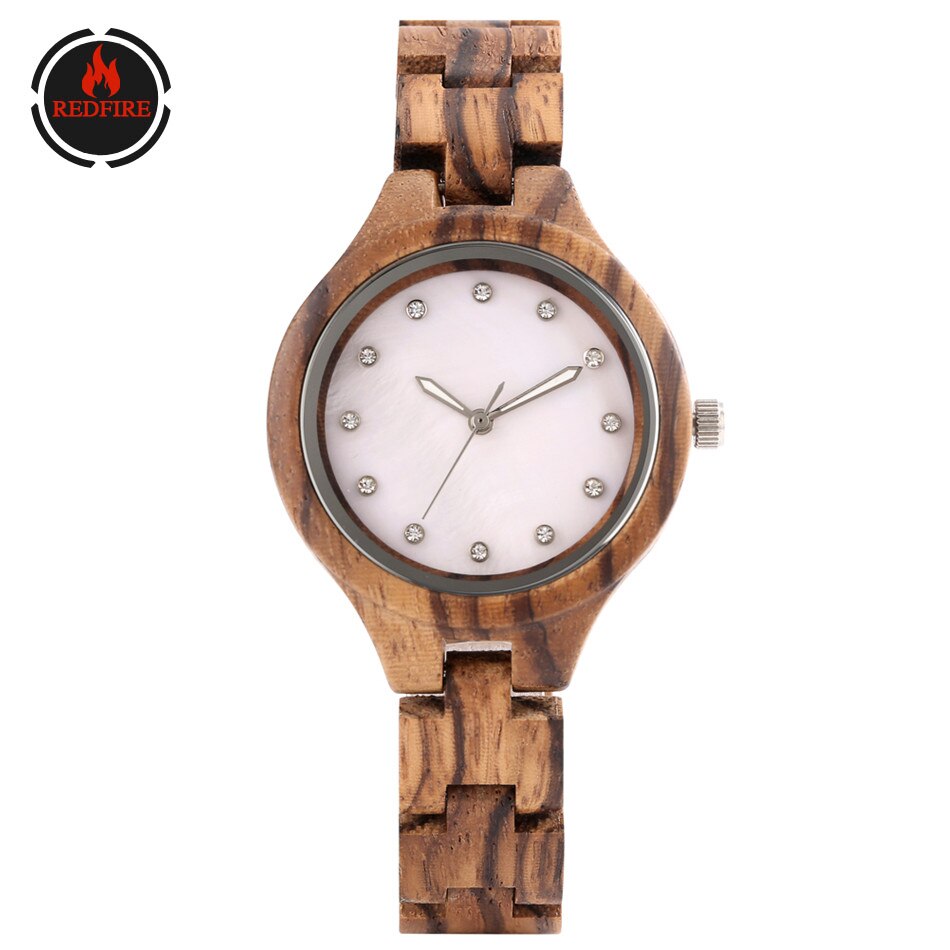 Redfire dameshorloge van hout, kwarts, stijlvol, roze/blauwe strass-steentjes, dameshorloge met houten armband en vouwsluiting