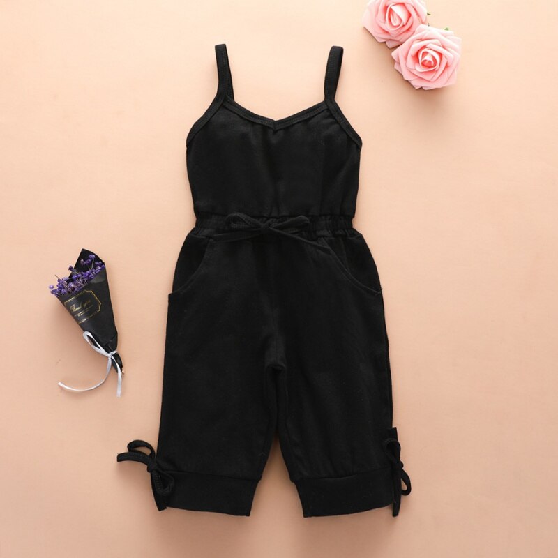 One-piece Solid Color Sleeveless Jumpsuit For Little Girls Jumpsuit T-shirt Bib Shorts 2-7 Years Old: Black / 80