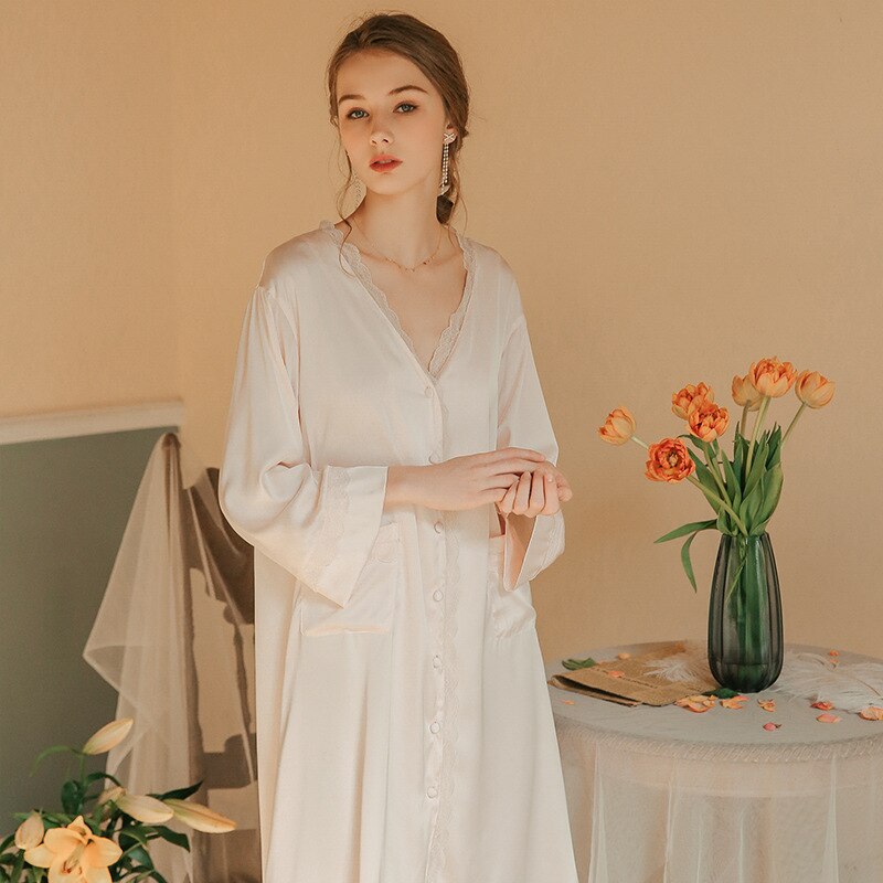 Sexy Sleep Tops Ladies Spring Autumn Summer Loose Simulation Silk Night Dress Plus Size Long Sleeve Lace Collar Sleep Clothes