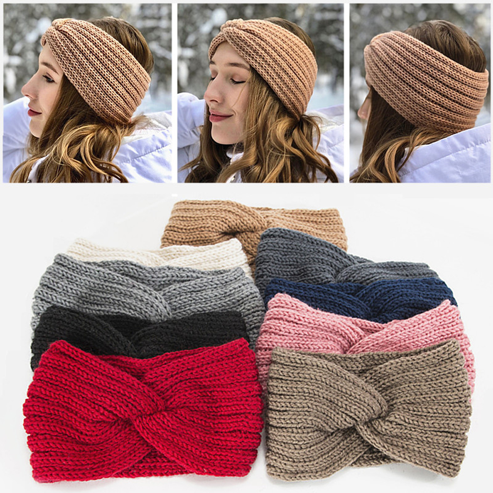 Bandeaux en laine tricotés au Crochet | Bandeaux d'hiver pour femmes, style bohémien, tissage croisé fait à la main, et solide